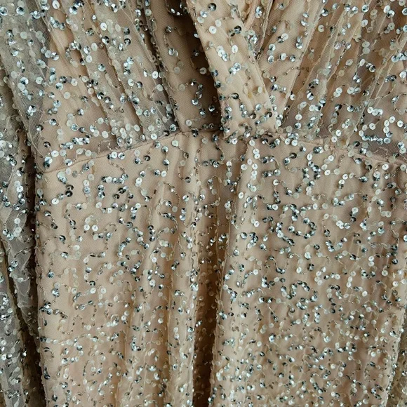 Mac Duggal Beaded Champagne Mini Dress NWT | Long Sleeve Cocktail Size 8 - Picture 3 of 10